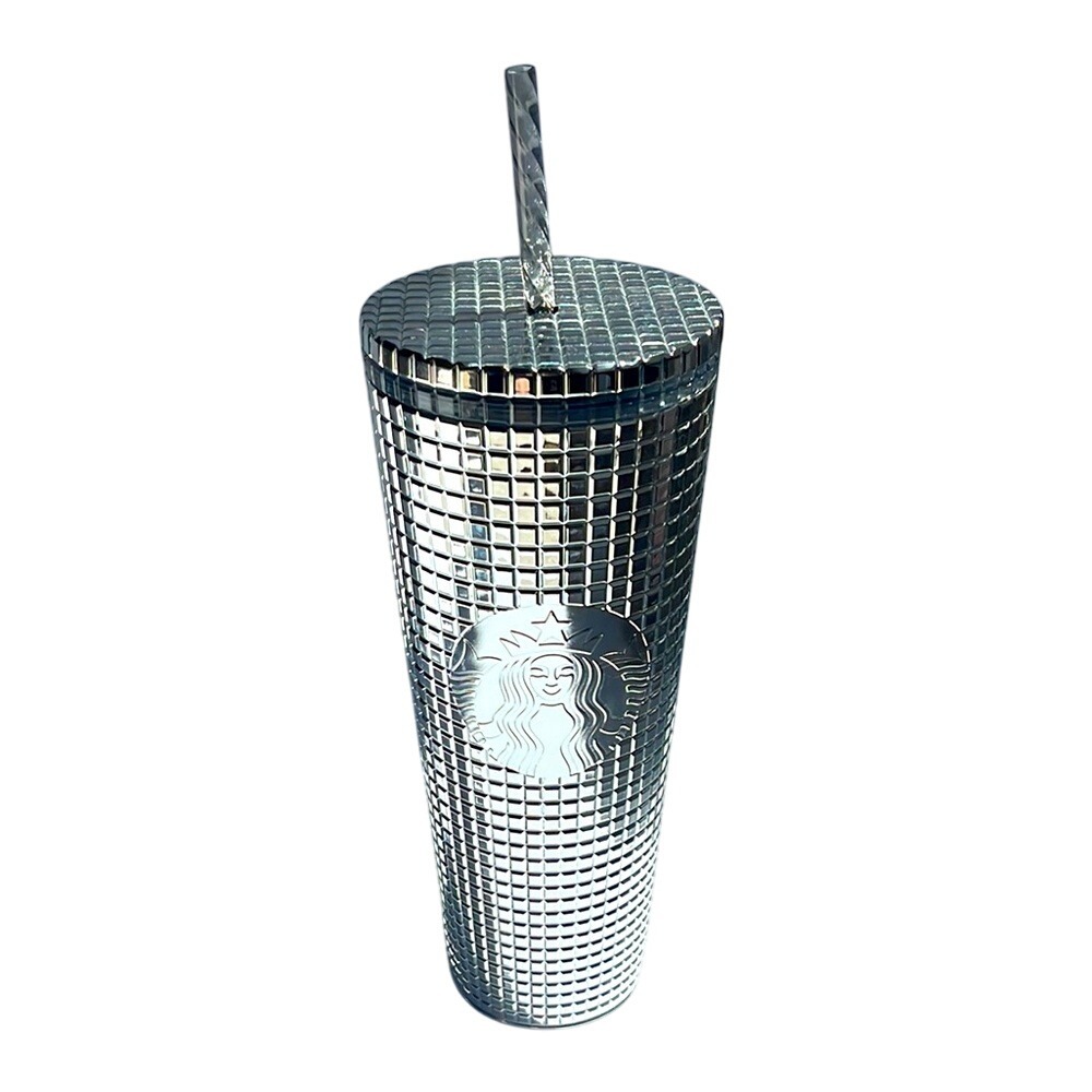 Starbucks Metallic Silver Grid Tumbler Cup with Straw - Picture 1 of 7